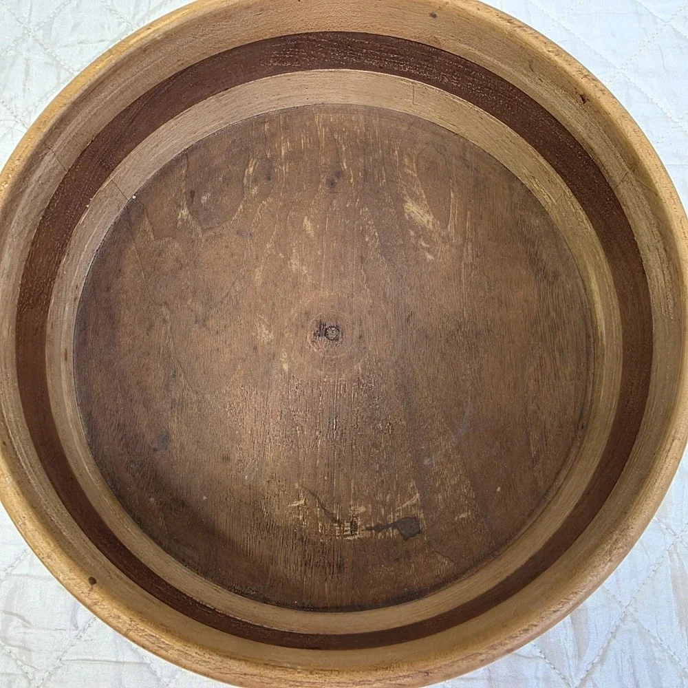 Vintage MCM Handmade Wooden Bowl 2 Tone Horizontal Stripes Maple Walnut Catchall